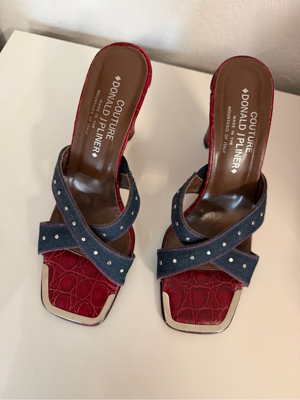 Donald J. Pliner | Red Croc-Embossed Denim Stud Mid-Heels - Picture 2 of 13